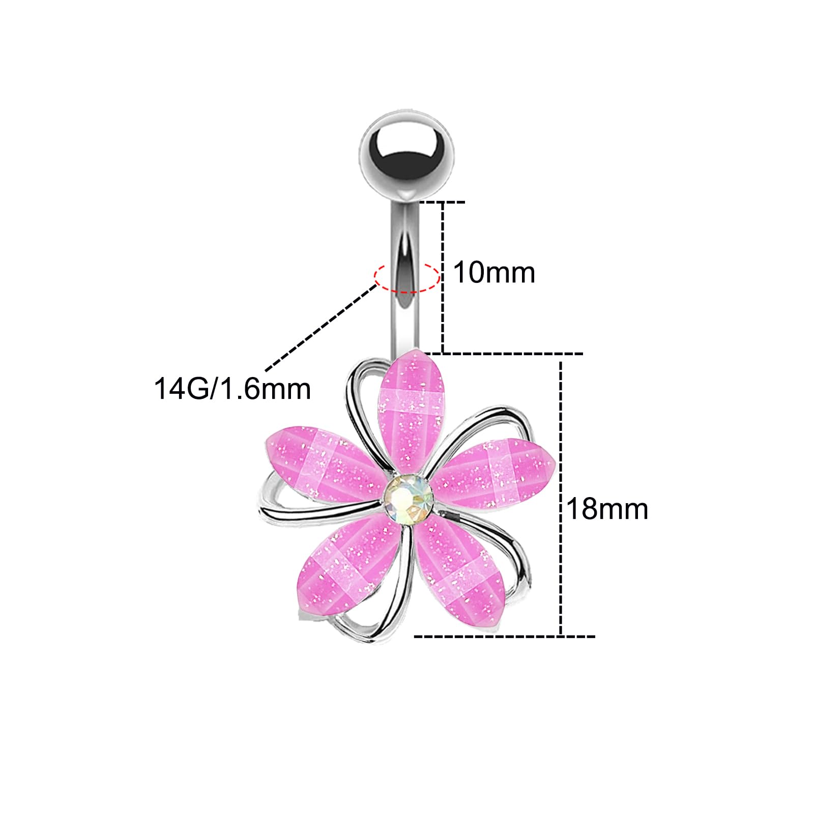 14G 316L Flower Belly Button Ring Surgical Steel Cute Flower Belly Button Ring Body Piercing Jewelry - QIAO Crystal我的商店QIAO Crystal