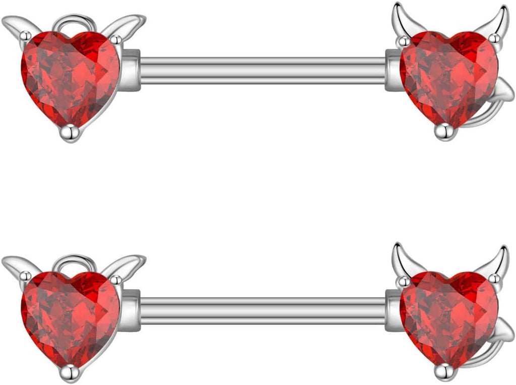14G Angels and Demons Nipple Rings Stainless Steel Red Crystal Diamond Love Heart Tongue Ring Nipple Shield Barbell Ring Bar Nipplerings Piercing Body Jewelry Gifts for Women - QIAO CrystalQIAO CrystalQIAO Crystal