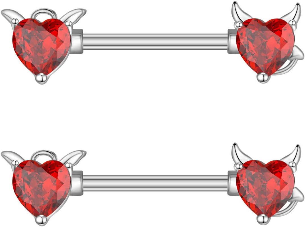 14G Angels and Demons Nipple Rings Stainless Steel Red Crystal Diamond Love Heart Tongue Ring Nipple Shield Barbell Ring Bar Nipplerings Piercing Body Jewelry Gifts for Women - QIAO CrystalQIAO CrystalQIAO Crystal