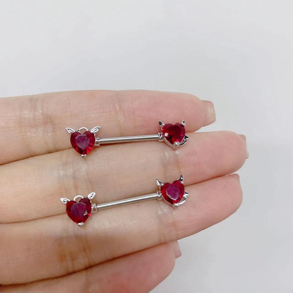 14G Angels and Demons Nipple Rings Stainless Steel Red Crystal Diamond Love Heart Tongue Ring Nipple Shield Barbell Ring Bar Nipplerings Piercing Body Jewelry Gifts for Women - QIAO CrystalQIAO CrystalQIAO Crystal