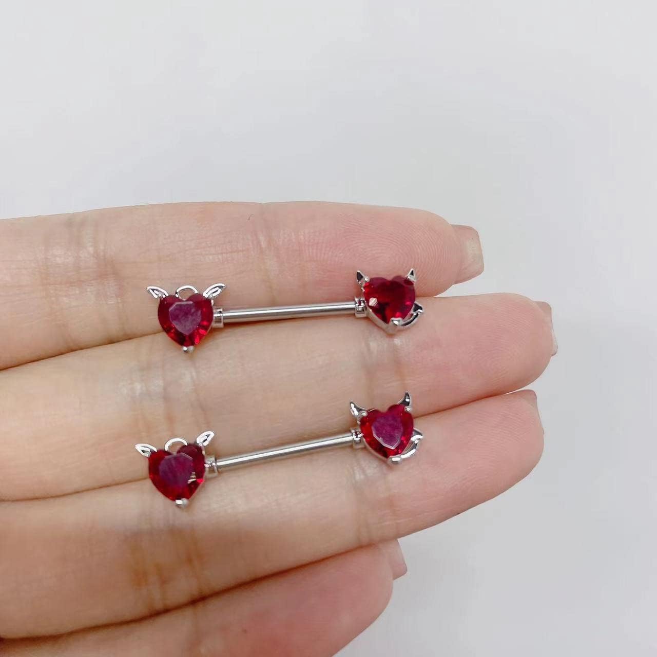 14G Angels and Demons Nipple Rings Stainless Steel Red Crystal Diamond Love Heart Tongue Ring Nipple Shield Barbell Ring Bar Nipplerings Piercing Body Jewelry Gifts for Women - QIAO CrystalQIAO CrystalQIAO Crystal