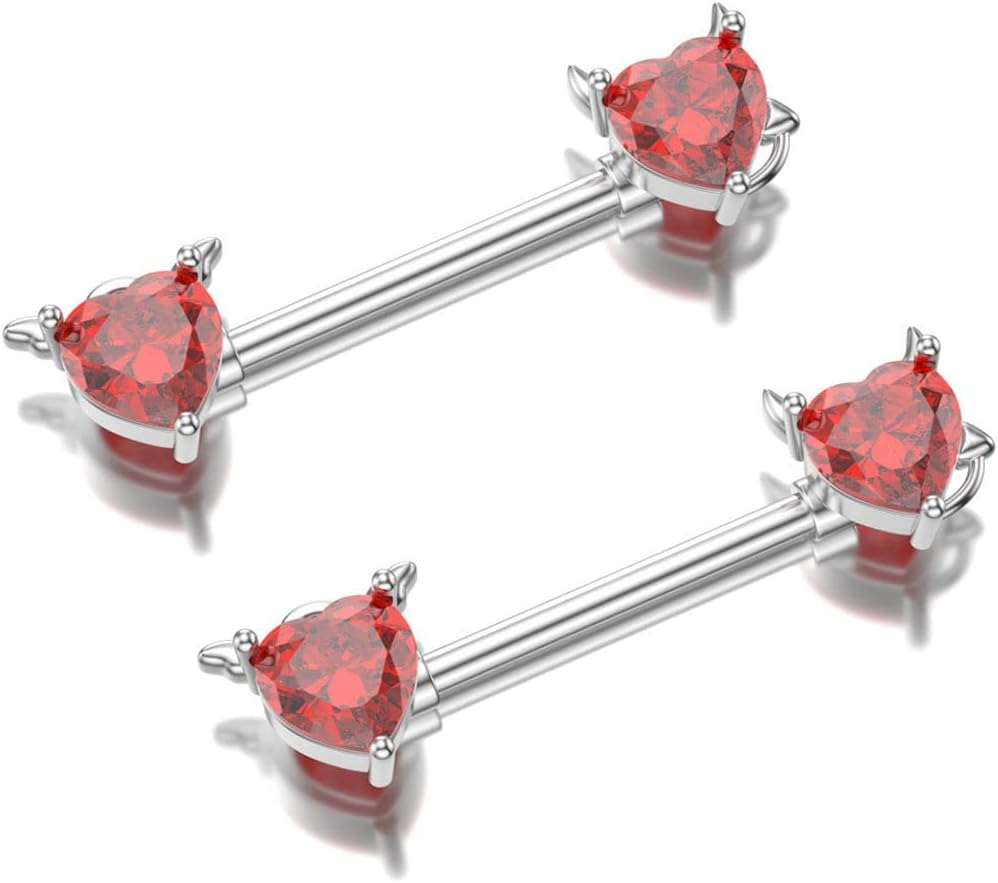 14G Angels and Demons Nipple Rings Stainless Steel Red Crystal Diamond Love Heart Tongue Ring Nipple Shield Barbell Ring Bar Nipplerings Piercing Body Jewelry Gifts for Women - QIAO CrystalQIAO CrystalQIAO Crystal