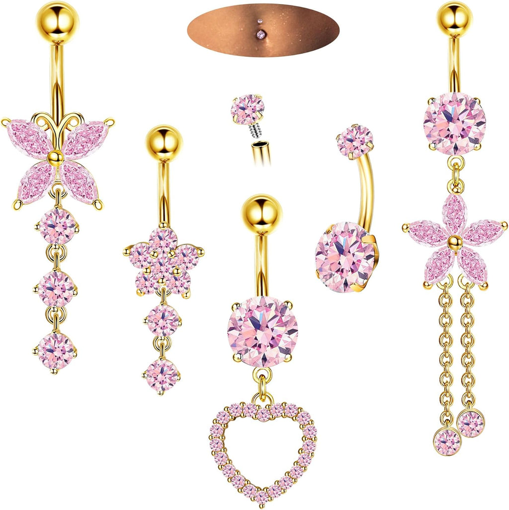 14G Belly Button Piercing Rings for Women - Surgical Stainless Steel with Cute CZ Flower, Butterfly, and Heart Designs - Belly Rings Dangle Navel Piercing Jewelry (Pink/Gold/Silver - 我的商店我的商店我的商店