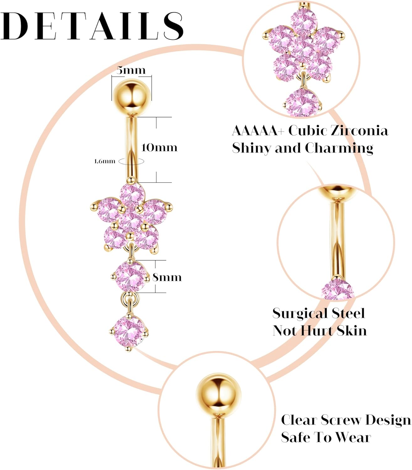 14G Belly Button Piercing Rings for Women - Surgical Stainless Steel with Cute CZ Flower, Butterfly, and Heart Designs - Belly Rings Dangle Navel Piercing Jewelry (Pink/Gold/Silver - 我的商店我的商店我的商店