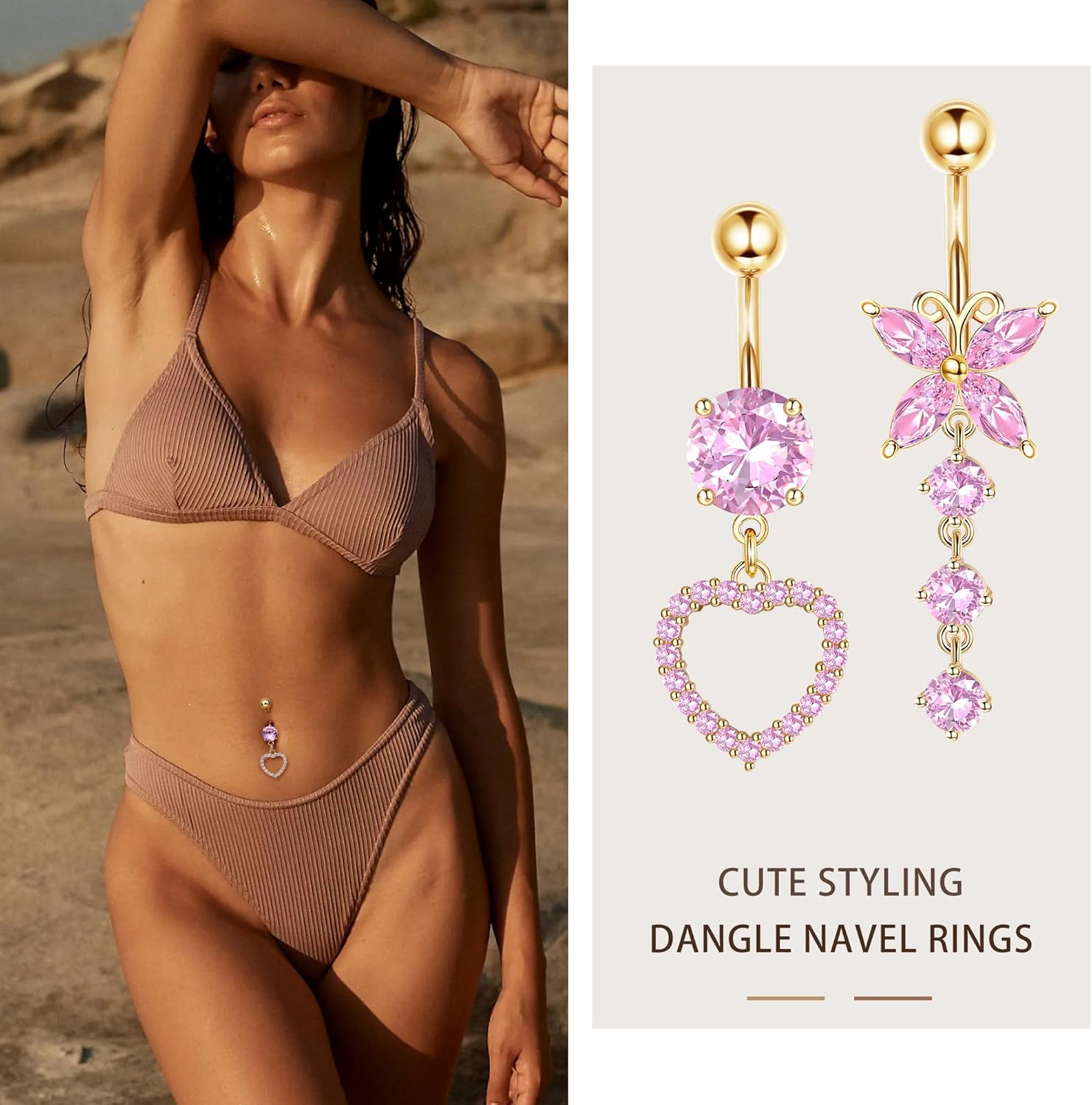 14G Belly Button Piercing Rings for Women - Surgical Stainless Steel with Cute CZ Flower, Butterfly, and Heart Designs - Belly Rings Dangle Navel Piercing Jewelry (Pink/Gold/Silver - 我的商店我的商店我的商店