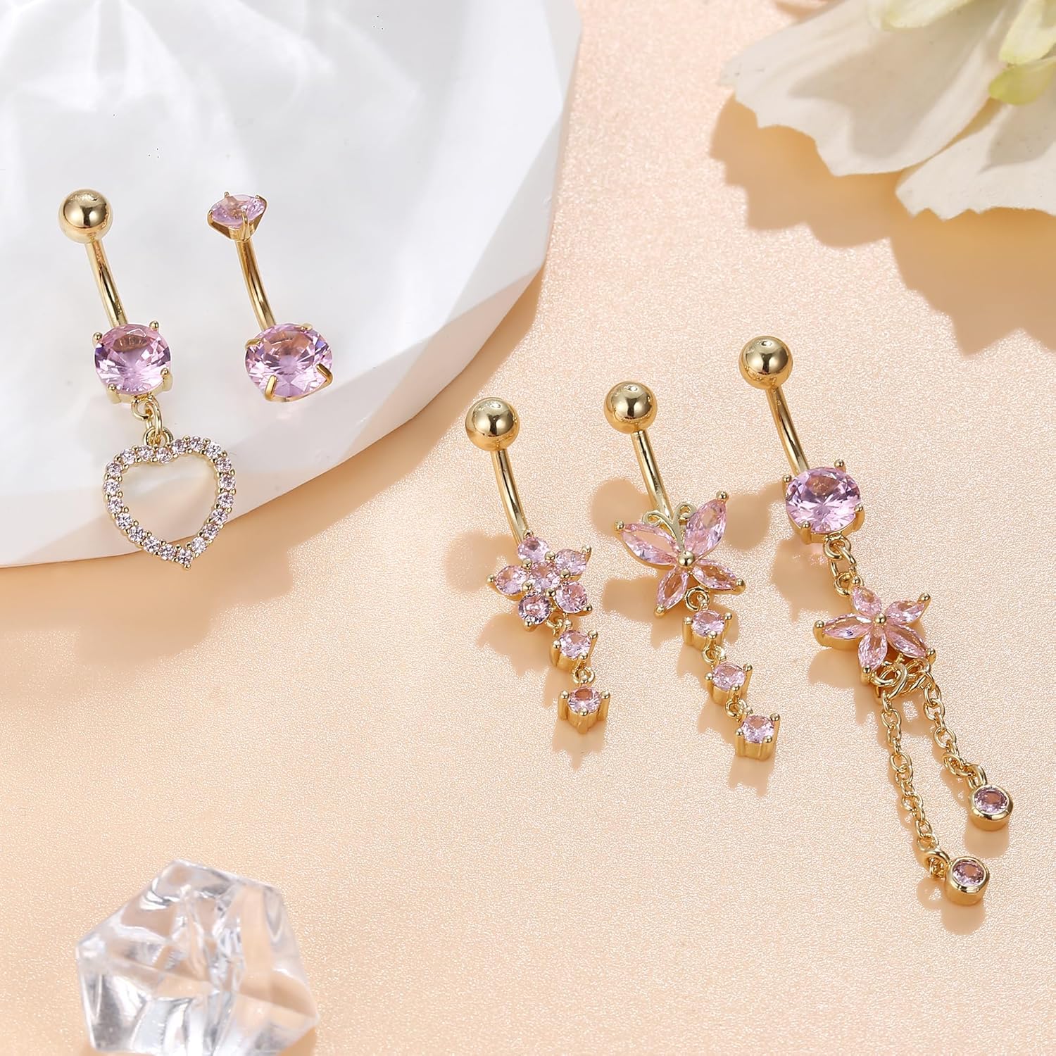 14G Belly Button Piercing Rings for Women - Surgical Stainless Steel with Cute CZ Flower, Butterfly, and Heart Designs - Belly Rings Dangle Navel Piercing Jewelry (Pink/Gold/Silver - 我的商店我的商店我的商店