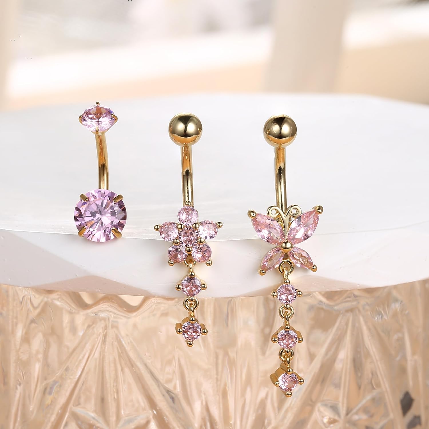 14G Belly Button Piercing Rings for Women - Surgical Stainless Steel with Cute CZ Flower, Butterfly, and Heart Designs - Belly Rings Dangle Navel Piercing Jewelry (Pink/Gold/Silver - 我的商店我的商店我的商店