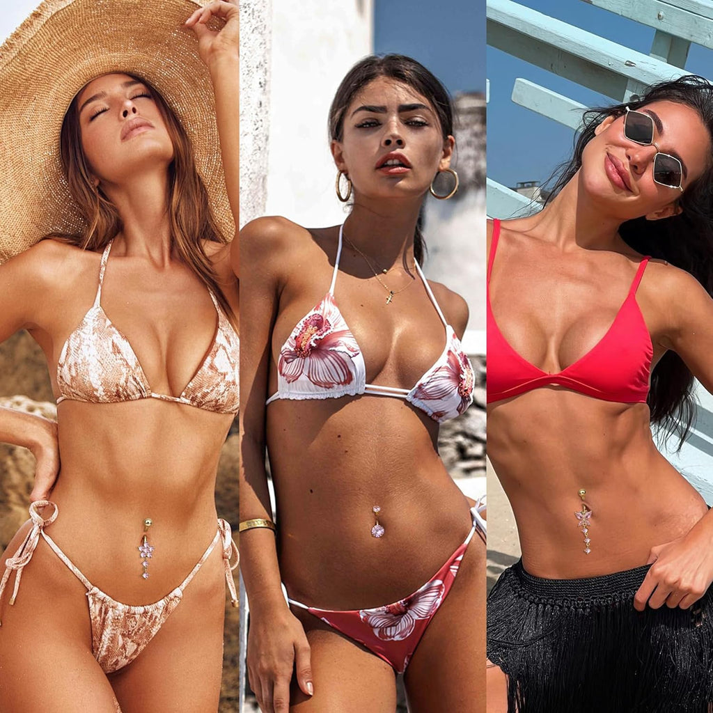 14G Belly Button Piercing Rings for Women - Surgical Stainless Steel with Cute CZ Flower, Butterfly, and Heart Designs - Belly Rings Dangle Navel Piercing Jewelry (Pink/Gold/Silver - 我的商店我的商店我的商店