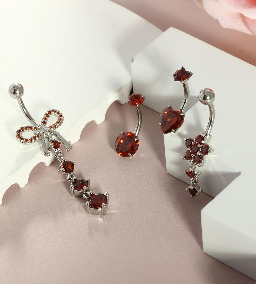 14G Belly Button ring Dangle Belly Rings Surgical Stainless Steel Cute Bow Butterfly Heart Flower Dangling Belly Button Piercing Jewelry For Women Silver Dainty Dangly Navel Ring - 我的商店我的商店我的商店