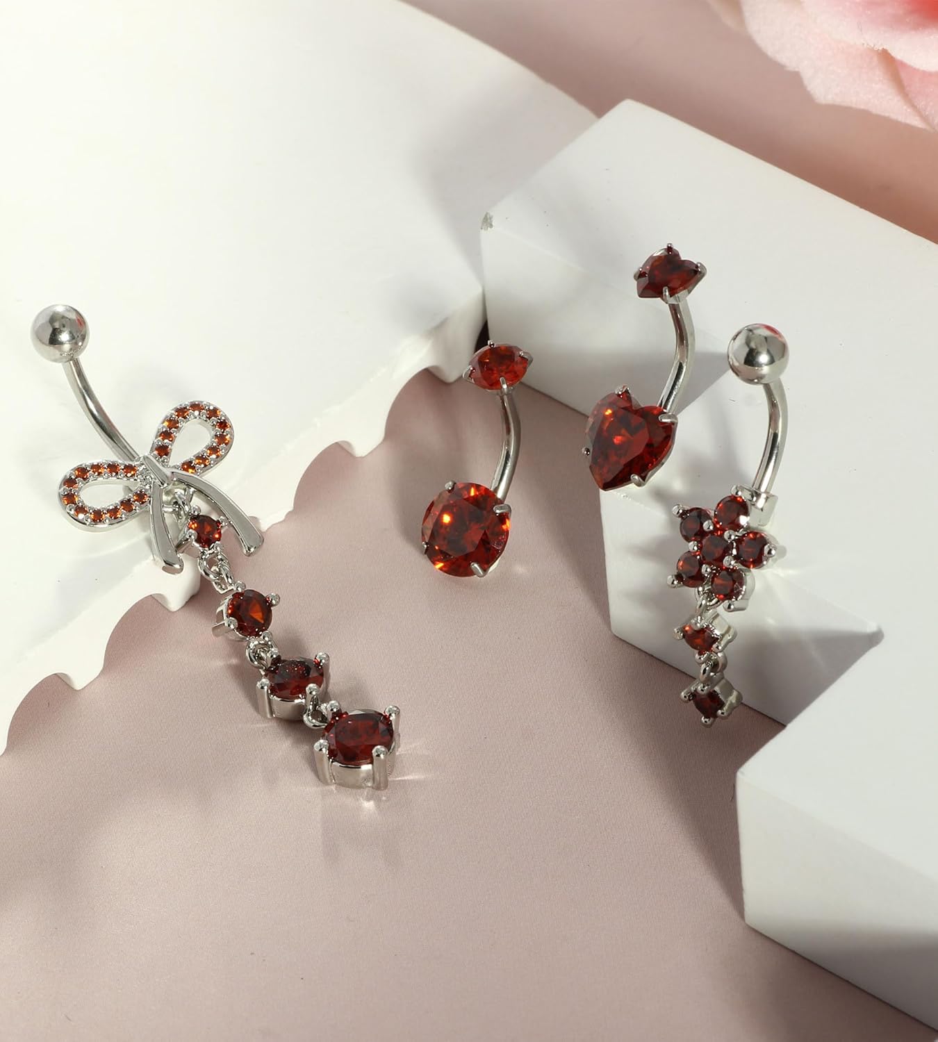 14G Belly Button ring Dangle Belly Rings Surgical Stainless Steel Cute Bow Butterfly Heart Flower Dangling Belly Button Piercing Jewelry For Women Silver Dainty Dangly Navel Ring - 我的商店我的商店我的商店