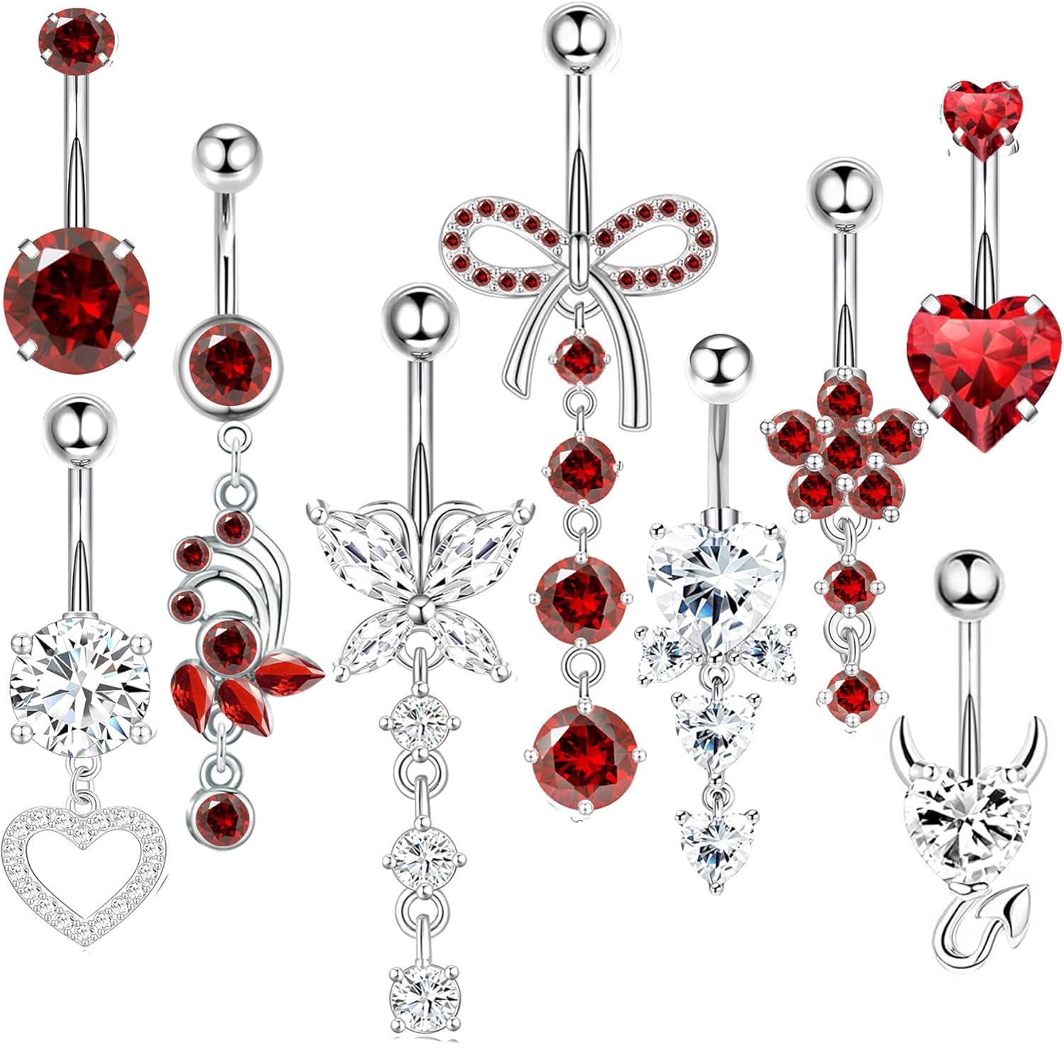 14G Belly Button ring Dangle Belly Rings Surgical Stainless Steel Cute Bow Butterfly Heart Flower Dangling Belly Button Piercing Jewelry For Women Silver Dainty Dangly Navel Ring - 我的商店我的商店我的商店