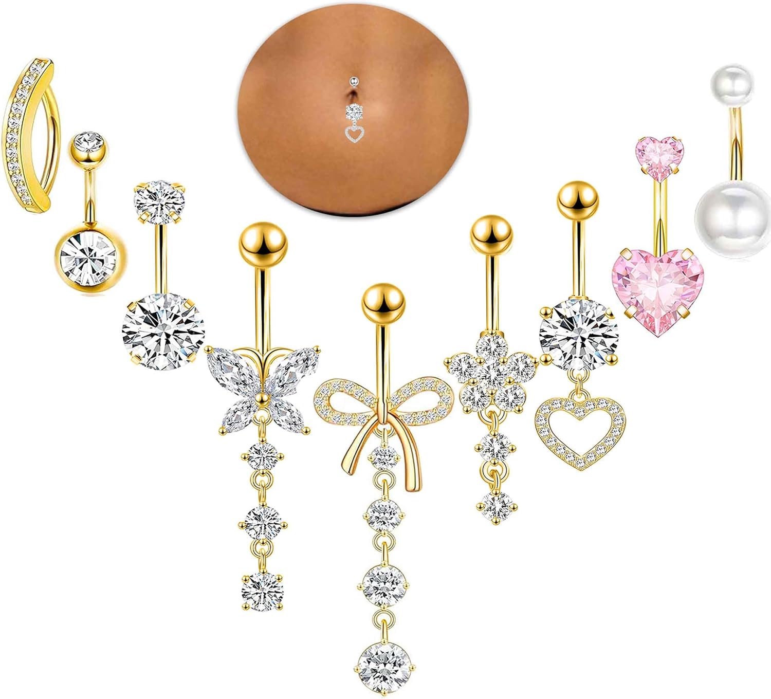 14G Belly Button ring Dangle Belly Rings Surgical Stainless Steel Cute Bow Butterfly Heart Flower Dangling Belly Button Piercing Jewelry For Women Silver Dainty Dangly Navel Ring - 我的商店我的商店我的商店