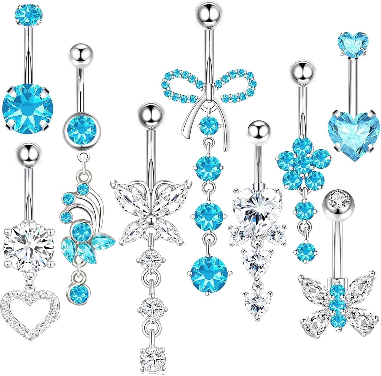 14G Belly Button ring Dangle Belly Rings Surgical Stainless Steel Cute Bow Butterfly Heart Flower Dangling Belly Button Piercing Jewelry For Women Silver Dainty Dangly Navel Ring - 我的商店我的商店我的商店