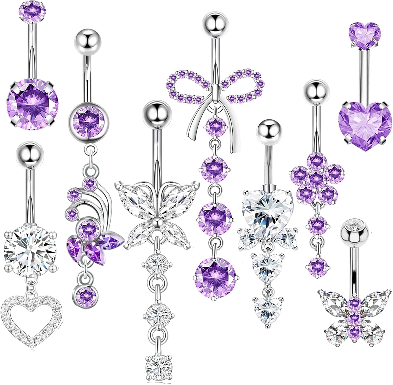 14G Belly Button ring Dangle Belly Rings Surgical Stainless Steel Cute Bow Butterfly Heart Flower Dangling Belly Button Piercing Jewelry For Women Silver Dainty Dangly Navel Ring - 我的商店我的商店我的商店