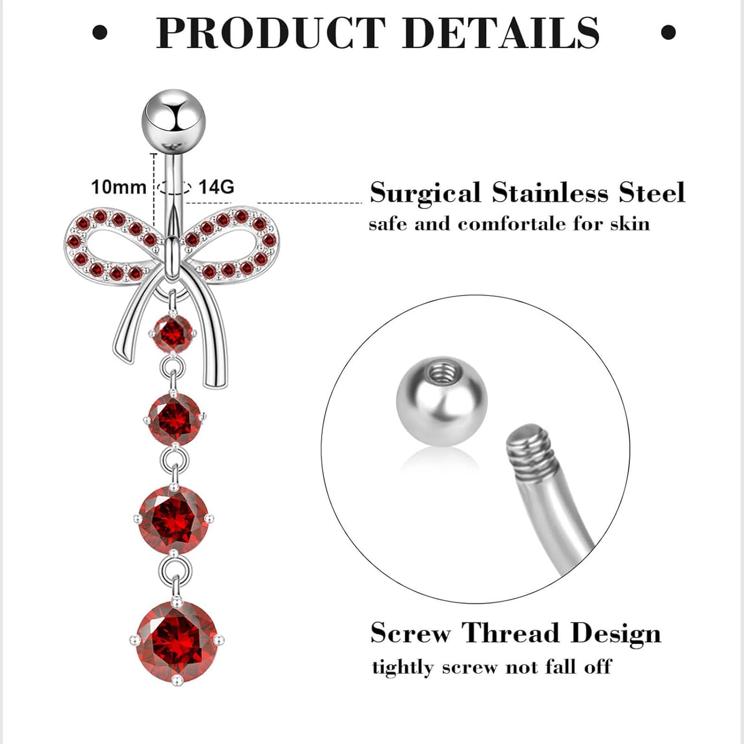 14G Belly Button ring Dangle Belly Rings Surgical Stainless Steel Cute Bow Butterfly Heart Flower Dangling Belly Button Piercing Jewelry For Women Silver Dainty Dangly Navel Ring - 我的商店我的商店我的商店