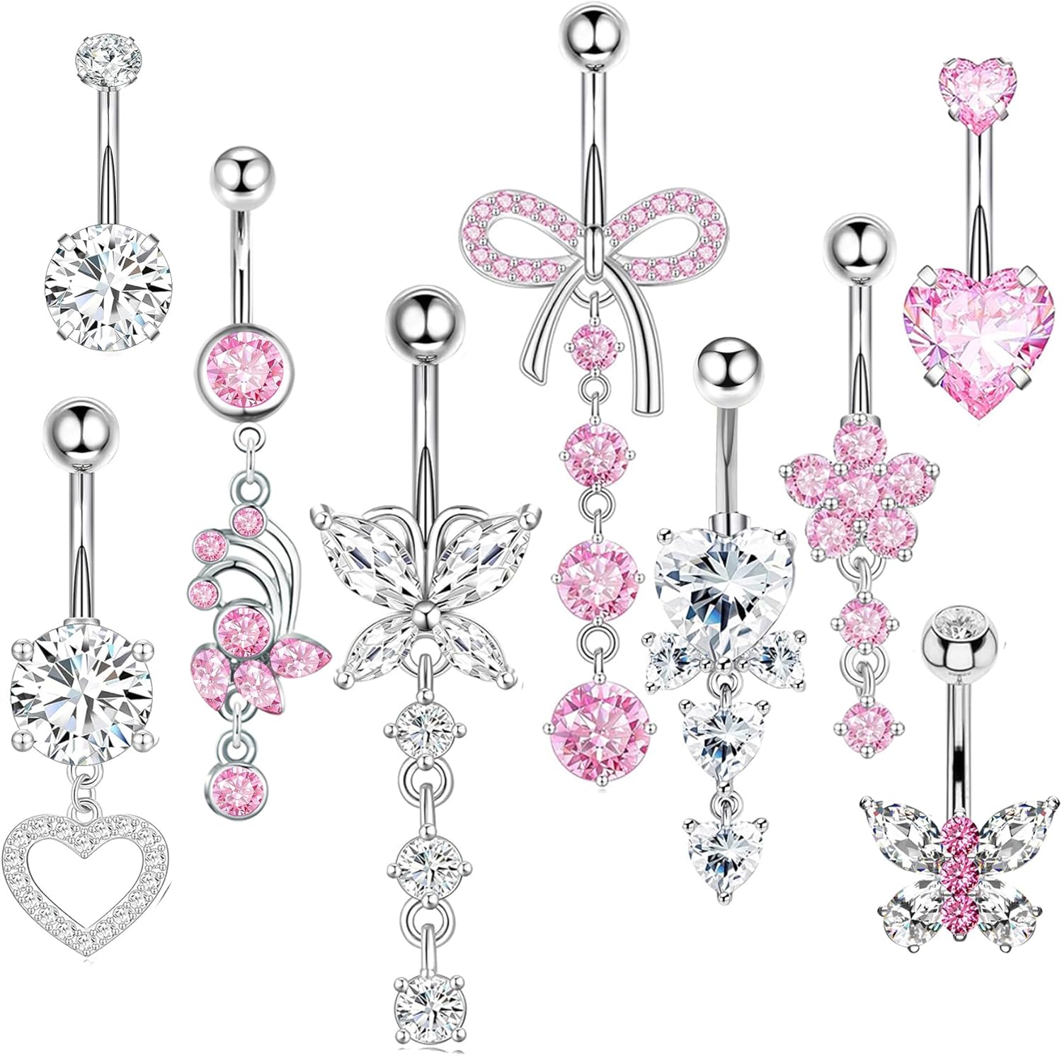 14G Belly Button ring Dangle Belly Rings Surgical Stainless Steel Cute Bow Butterfly Heart Flower Dangling Belly Button Piercing Jewelry For Women Silver Dainty Dangly Navel Ring - 我的商店我的商店我的商店