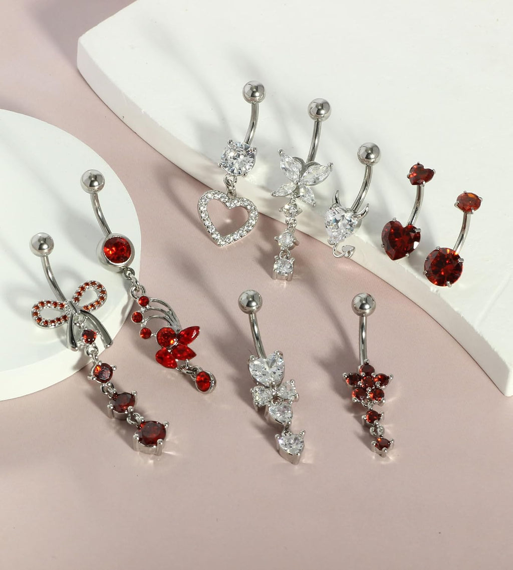 14G Belly Button ring Dangle Belly Rings Surgical Stainless Steel Cute Bow Butterfly Heart Flower Dangling Belly Button Piercing Jewelry For Women Silver Dainty Dangly Navel Ring - 我的商店我的商店我的商店