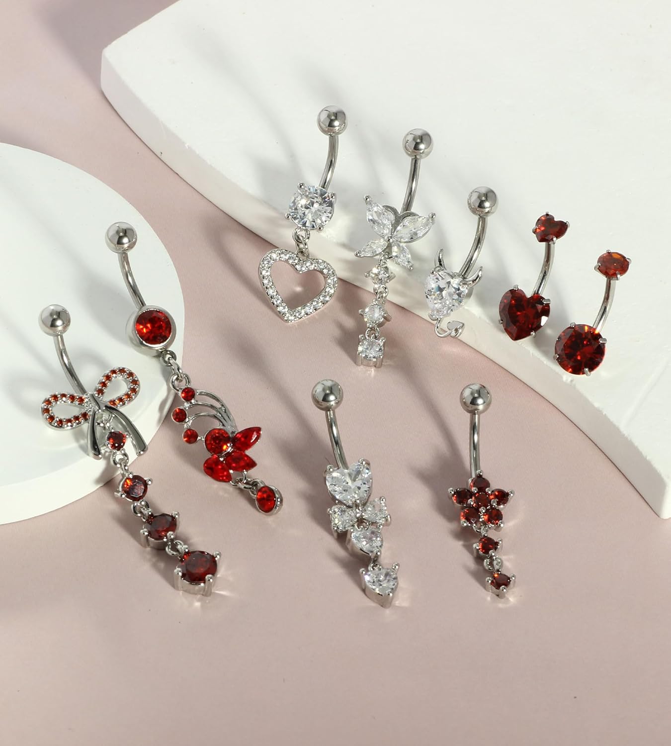 14G Belly Button ring Dangle Belly Rings Surgical Stainless Steel Cute Bow Butterfly Heart Flower Dangling Belly Button Piercing Jewelry For Women Silver Dainty Dangly Navel Ring - 我的商店我的商店我的商店