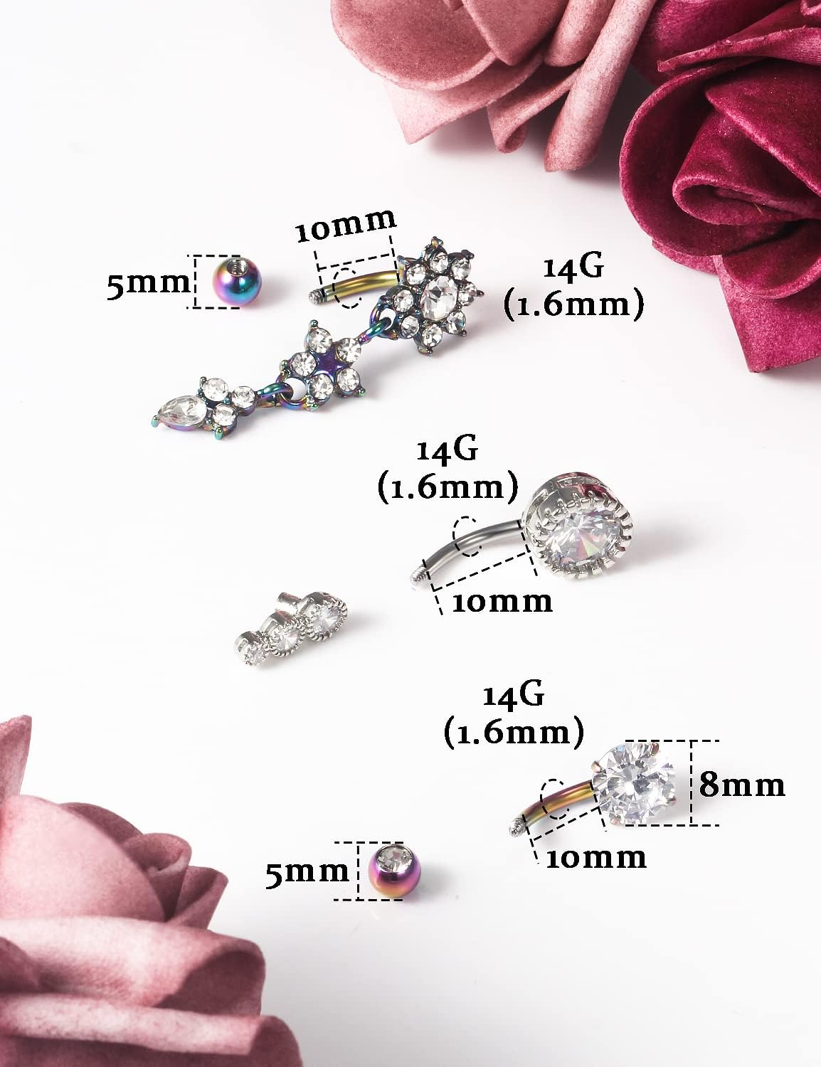 14G Belly Button Ring Stainless steel Dangle Belly rings Snake Glow Dark Round Cubic Zirconia Navel Barbell Body Piercing Jewelry For Women 3/8inch 10mm silver,rose,purple,black men belly ring - 我的商店我的商店我的商店