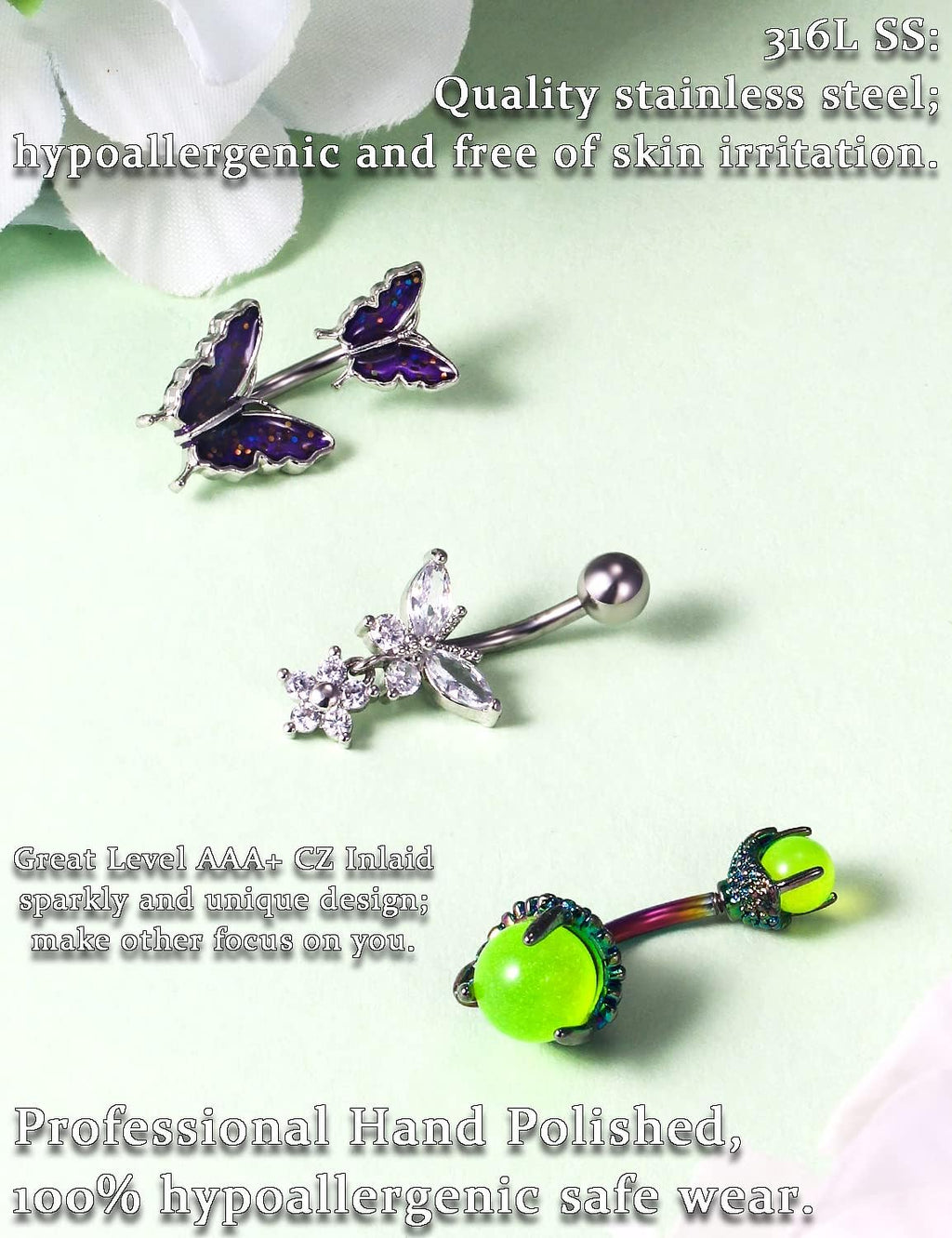 14G Belly Button Ring Stainless steel Dangle Belly rings Snake Glow Dark Round Cubic Zirconia Navel Barbell Body Piercing Jewelry For Women 3/8inch 10mm silver,rose,purple,black men belly ring - 我的商店我的商店我的商店