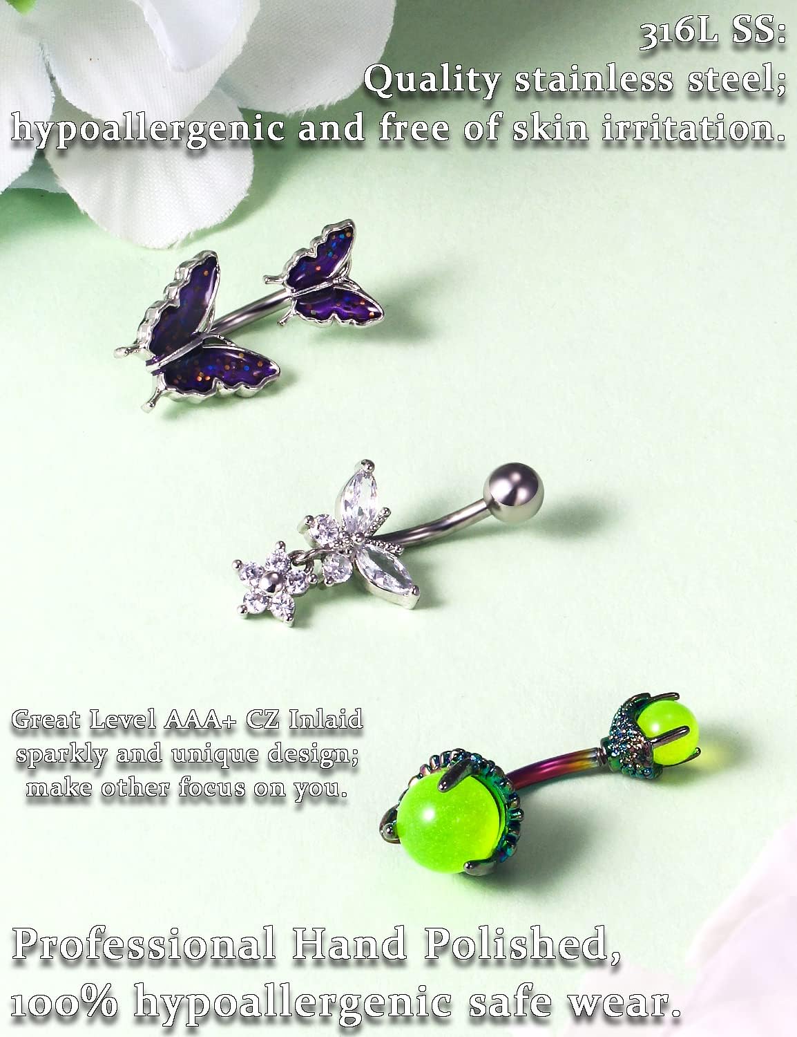 14G Belly Button Ring Stainless steel Dangle Belly rings Snake Glow Dark Round Cubic Zirconia Navel Barbell Body Piercing Jewelry For Women 3/8inch 10mm silver,rose,purple,black men belly ring - 我的商店我的商店我的商店