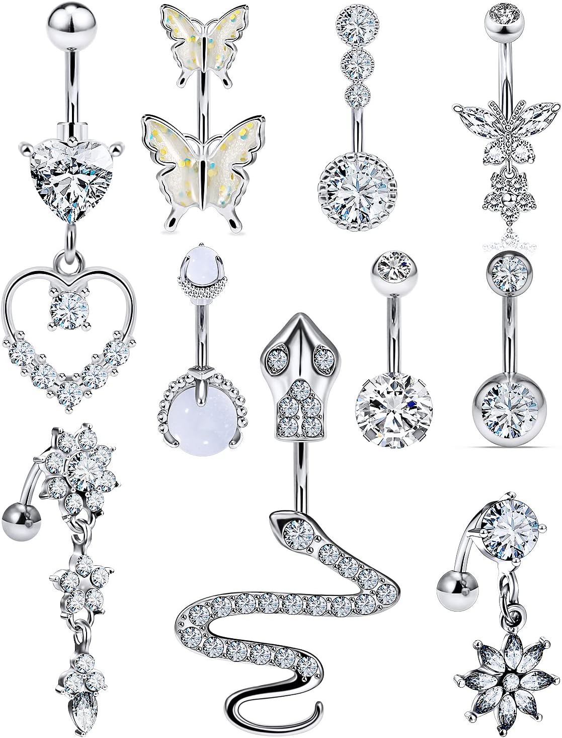 14G Belly Button Ring Stainless steel Dangle Belly rings Snake Glow Dark Round Cubic Zirconia Navel Barbell Body Piercing Jewelry For Women 3/8inch 10mm silver,rose,purple,black men belly ring - 我的商店我的商店我的商店