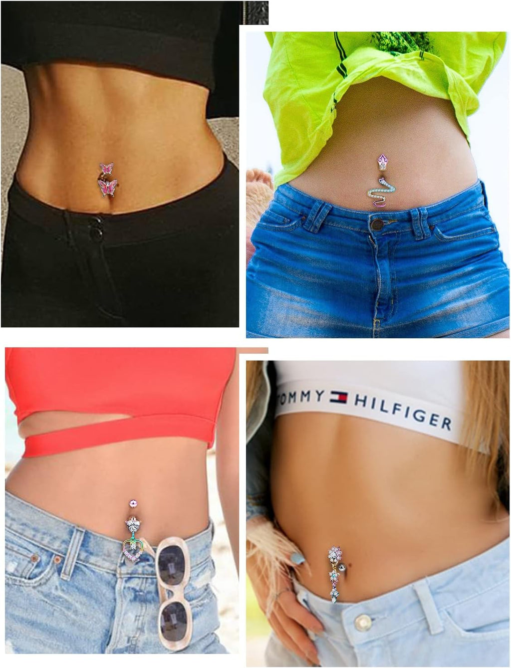 14G Belly Button Ring Stainless steel Dangle Belly rings Snake Glow Dark Round Cubic Zirconia Navel Barbell Body Piercing Jewelry For Women 3/8inch 10mm silver,rose,purple,black men belly ring - 我的商店我的商店我的商店