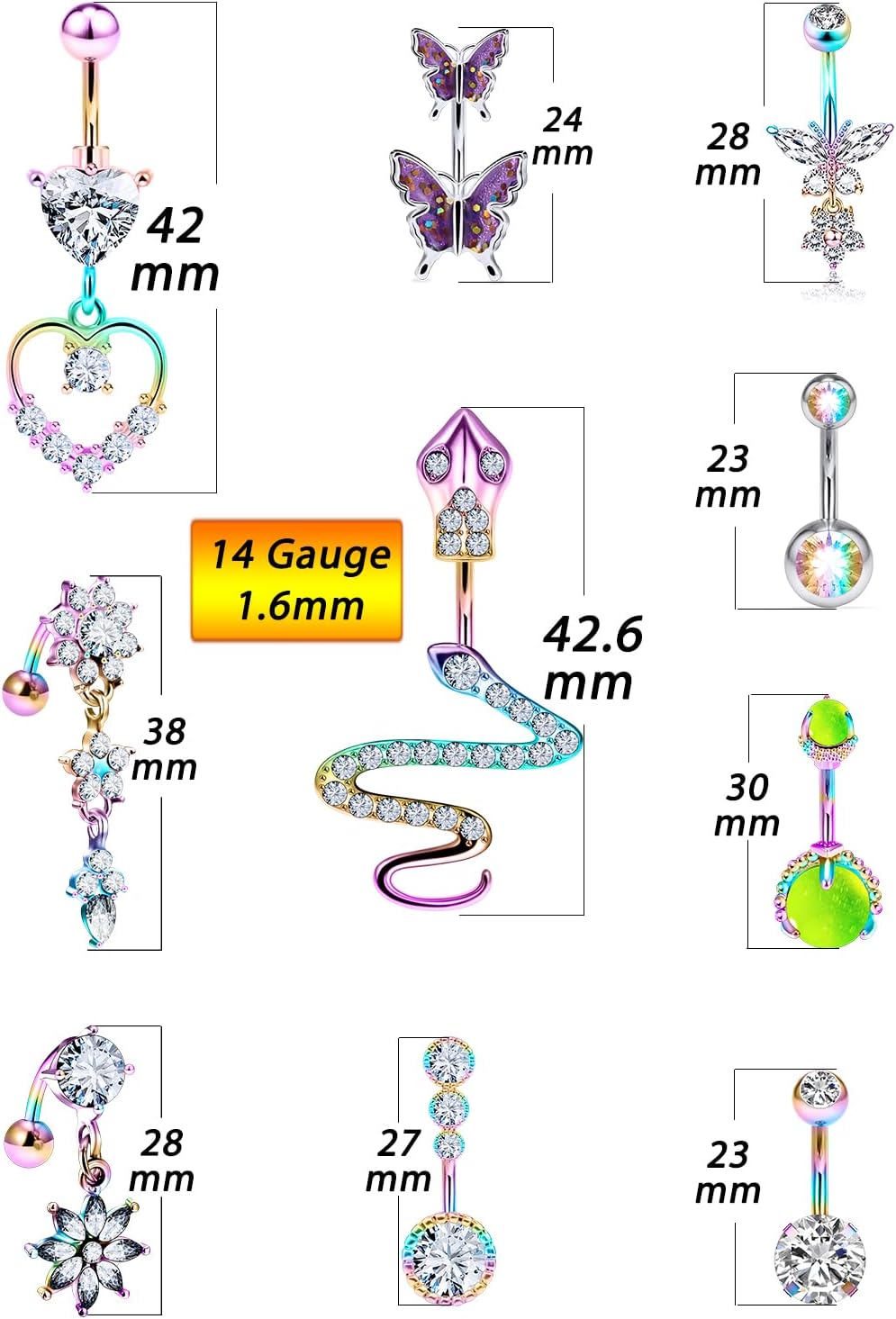 14G Belly Button Ring Stainless steel Dangle Belly rings Snake Glow Dark Round Cubic Zirconia Navel Barbell Body Piercing Jewelry For Women 3/8inch 10mm silver,rose,purple,black men belly ring - 我的商店我的商店我的商店