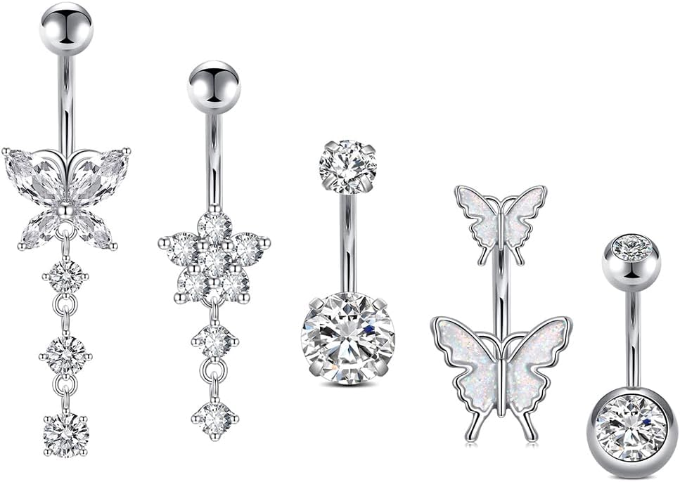 14G Belly Button Rings, Stainless Steel Diamond Belly Rings For Women, Dangle Belly Button Rings With Butterfly, 6mm Short & 10mm Bar Navel Piercings - 我的商店我的商店我的商店