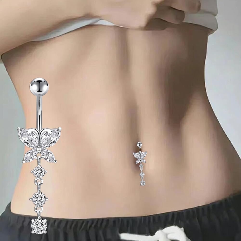 14G Belly Button Rings, Stainless Steel Diamond Belly Rings For Women, Dangle Belly Button Rings With Butterfly, 6mm Short & 10mm Bar Navel Piercings - 我的商店我的商店我的商店