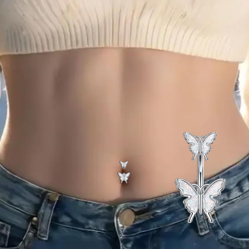 14G Belly Button Rings, Stainless Steel Diamond Belly Rings For Women, Dangle Belly Button Rings With Butterfly, 6mm Short & 10mm Bar Navel Piercings - 我的商店我的商店我的商店