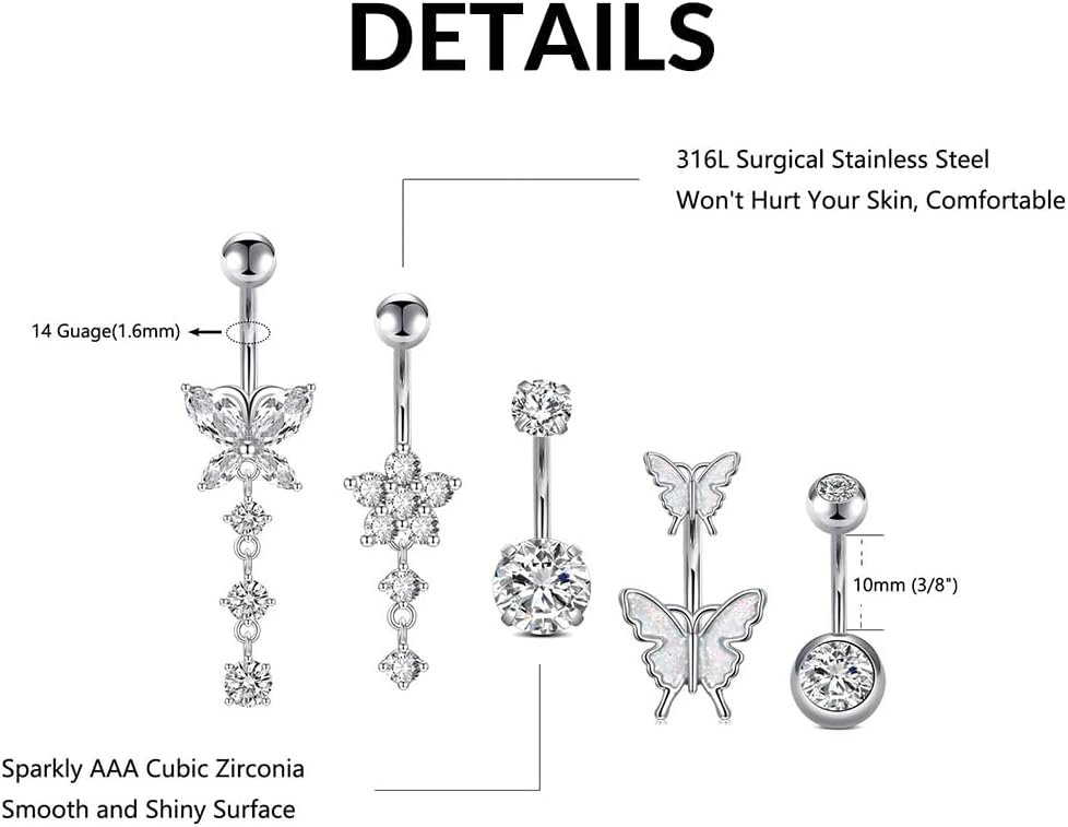 14G Belly Button Rings, Stainless Steel Diamond Belly Rings For Women, Dangle Belly Button Rings With Butterfly, 6mm Short & 10mm Bar Navel Piercings - 我的商店我的商店我的商店