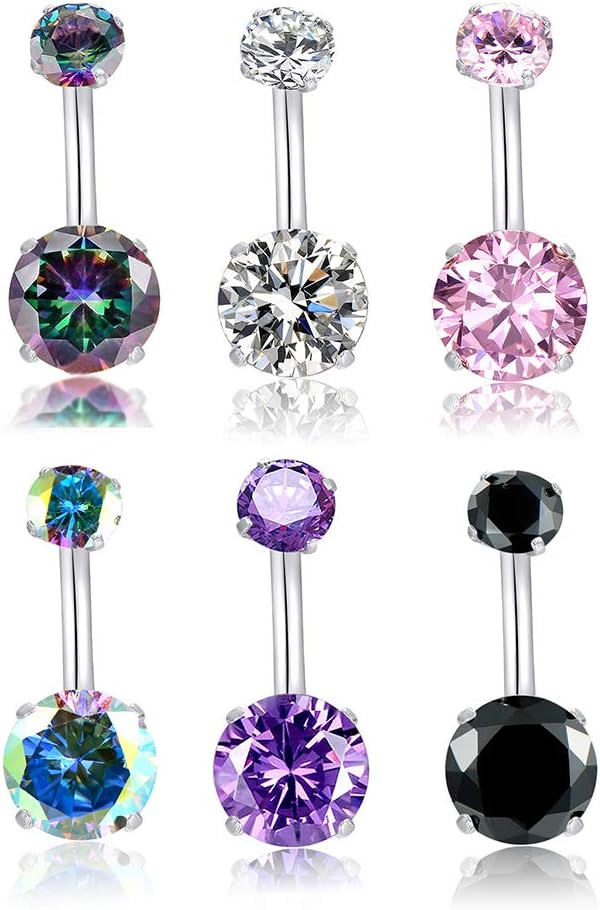 14G Belly Button Rings Surgical Stainless Steel Round Cubic Zirconia Navel Barbell Stud Body Piercing - 我的商店我的商店我的商店