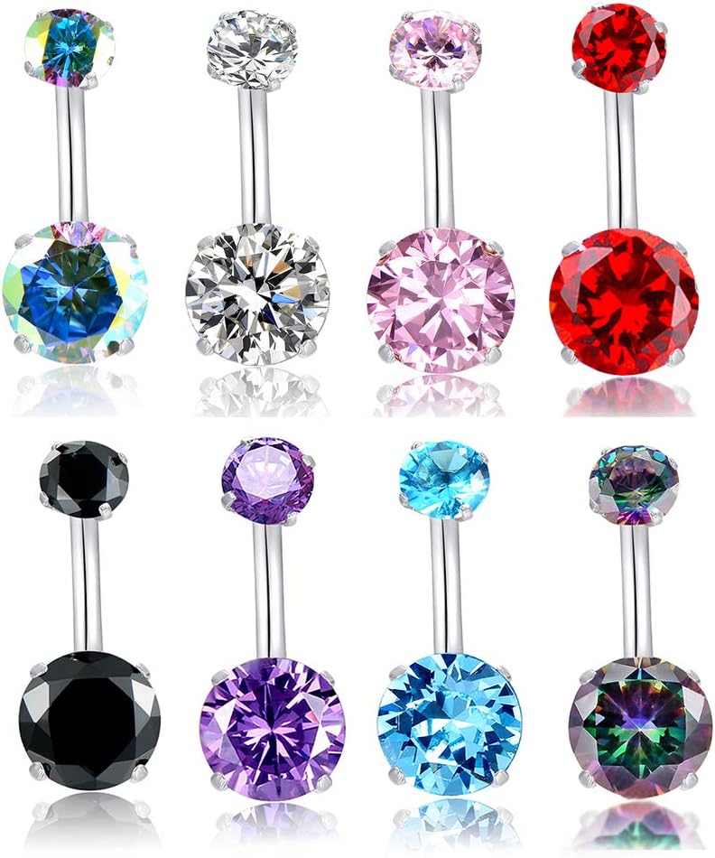 14G Belly Button Rings Surgical Stainless Steel Round Cubic Zirconia Navel Barbell Stud Body Piercing - 我的商店我的商店我的商店