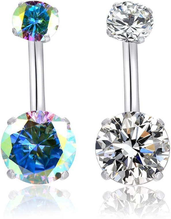 14G Belly Button Rings Surgical Stainless Steel Round Cubic Zirconia Navel Barbell Stud Body Piercing - 我的商店我的商店我的商店