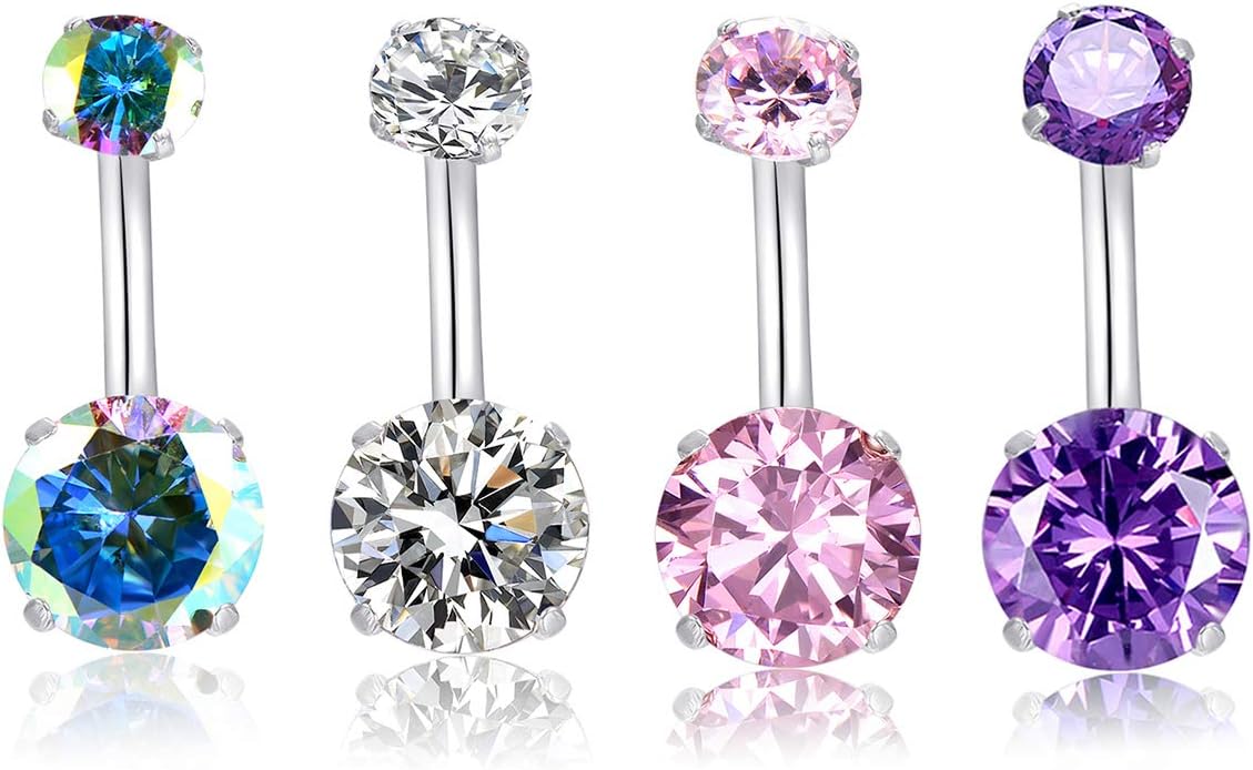 14G Belly Button Rings Surgical Stainless Steel Round Cubic Zirconia Navel Barbell Stud Body Piercing - 我的商店我的商店我的商店