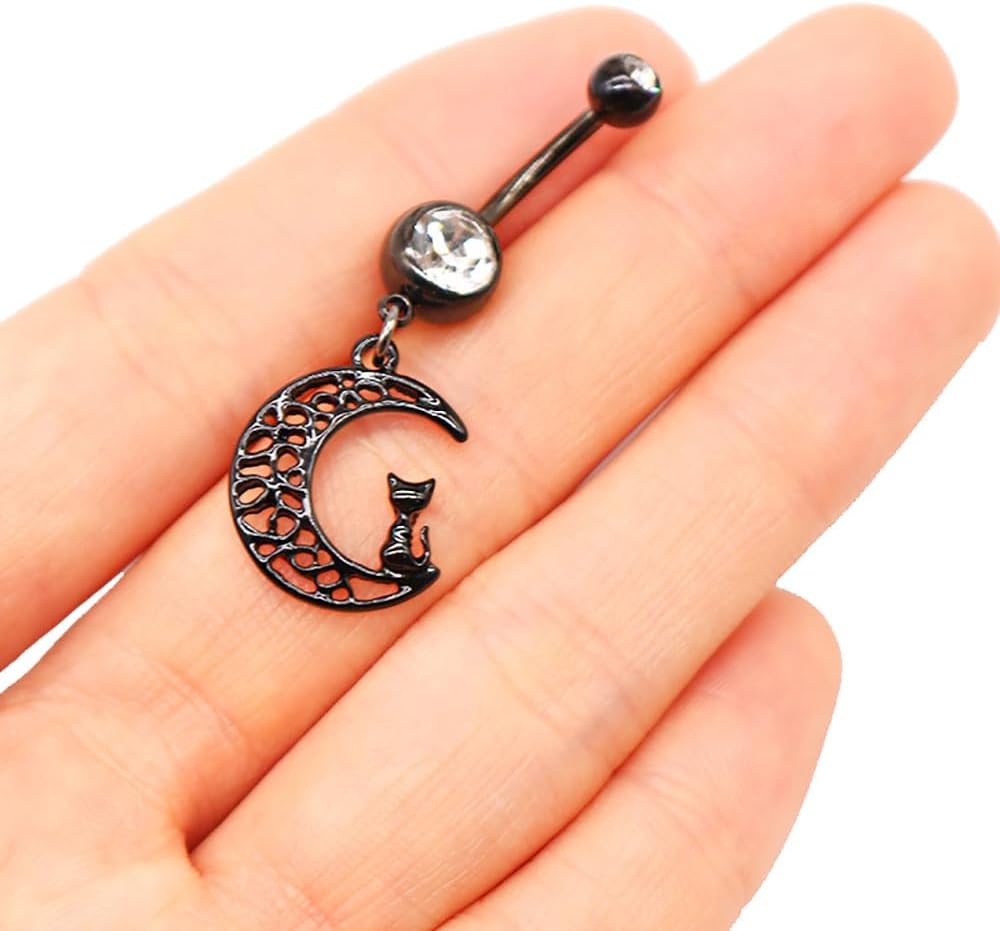 14G Black Stainless Steel Belly Button Rings for Women CZ Moon Heart Ghost Dangle Belly Naval Rings Belly Navel Barbell Belly Piercing Jewelry - 我的商店我的商店我的商店