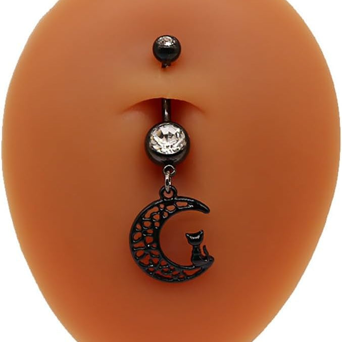 14G Black Stainless Steel Belly Button Rings for Women CZ Moon Heart Ghost Dangle Belly Naval Rings Belly Navel Barbell Belly Piercing Jewelry - 我的商店我的商店我的商店