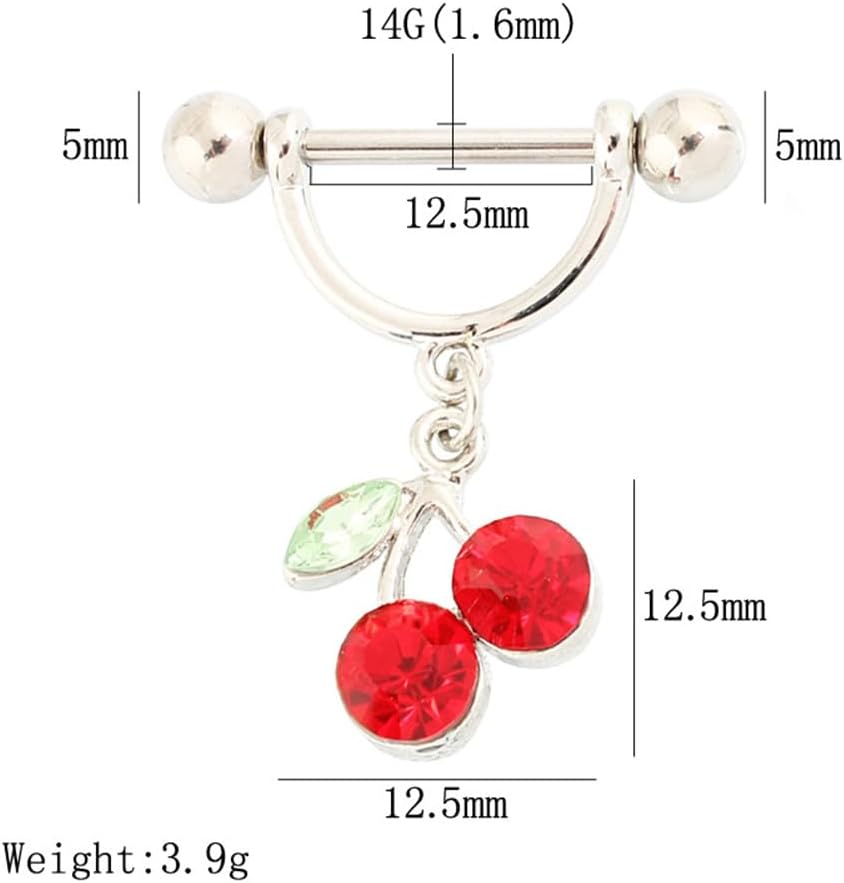 14G Cherry Dangle Nipple Ring Stainless Steel Red Crystal Sweet Fruit Bar Nipple Studs Nipplerings 1.6mm Barbell Body Piercing Jewelry for Women - QIAO CrystalQIAO CrystalQIAO Crystal