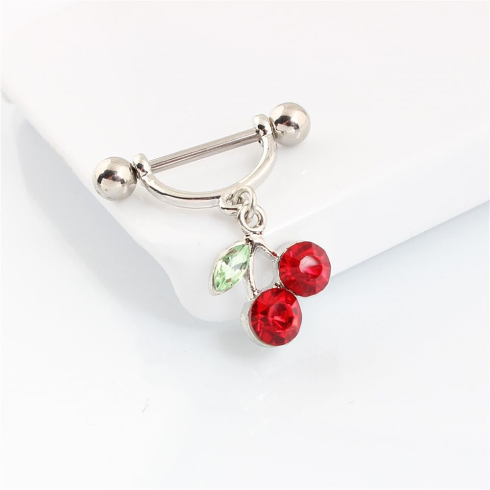 14G Cherry Dangle Nipple Ring Stainless Steel Red Crystal Sweet Fruit Bar Nipple Studs Nipplerings 1.6mm Barbell Body Piercing Jewelry for Women - QIAO CrystalQIAO CrystalQIAO Crystal