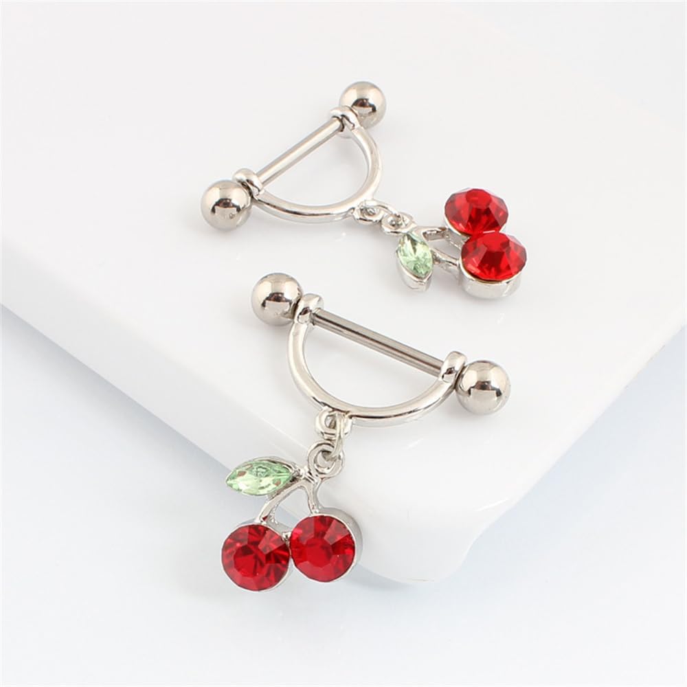 14G Cherry Dangle Nipple Ring Stainless Steel Red Crystal Sweet Fruit Bar Nipple Studs Nipplerings 1.6mm Barbell Body Piercing Jewelry for Women - QIAO CrystalQIAO CrystalQIAO Crystal