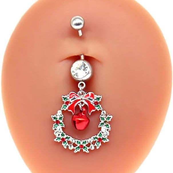 14G Christmas Colorful Jingle Bell Belly Button Ring for Women Stainless Steel Bowknot Star Wreath Dangle Belly Navel Barbell Rings Christmas Body Piercing Jewelry Festival Gifts - 我的商店我的商店我的商店