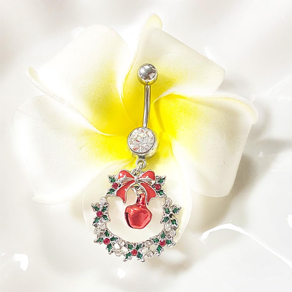 14G Christmas Colorful Jingle Bell Belly Button Ring for Women Stainless Steel Bowknot Star Wreath Dangle Belly Navel Barbell Rings Christmas Body Piercing Jewelry Festival Gifts - 我的商店我的商店我的商店