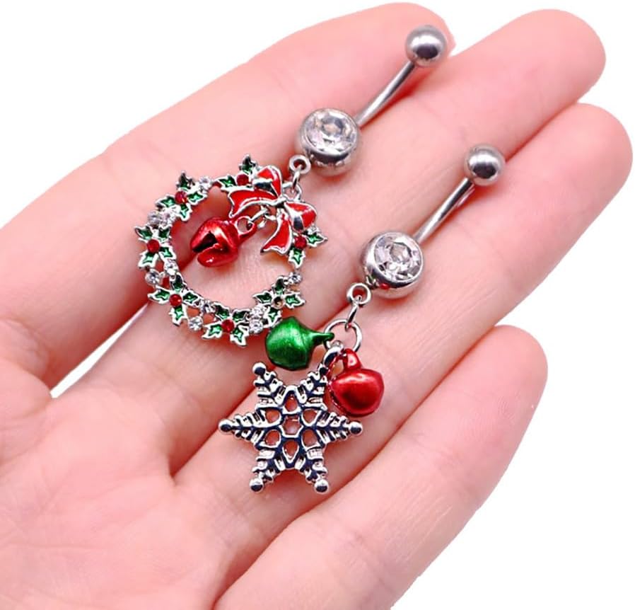 14G Christmas Colorful Jingle Bell Belly Button Ring for Women Stainless Steel Bowknot Star Wreath Dangle Belly Navel Barbell Rings Christmas Body Piercing Jewelry Festival Gifts - 我的商店我的商店我的商店
