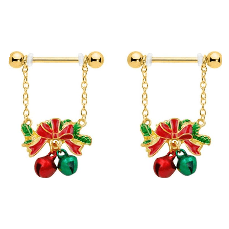 14G Christmas Jingle Bell Nipple Rings for Women Red and Green Bells with Red Bow Dangle Charm Nipplerings Nipple Piercing Shield Festive Party Body Piercing Jewelry - QIAO CrystalQIAO CrystalQIAO Crystal