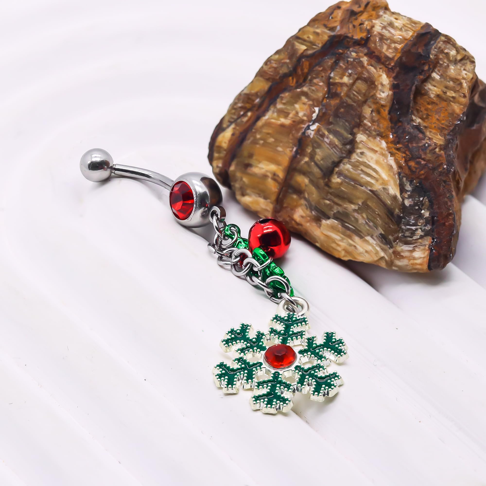 14G Christmas Mistletoe Dangle Belly Button Rings 316L Stainless Steel Navel Piercing Rings Jingling Bell Belly Piercing Jewelry for Women - QIAO Crystal我的商店QIAO Crystal