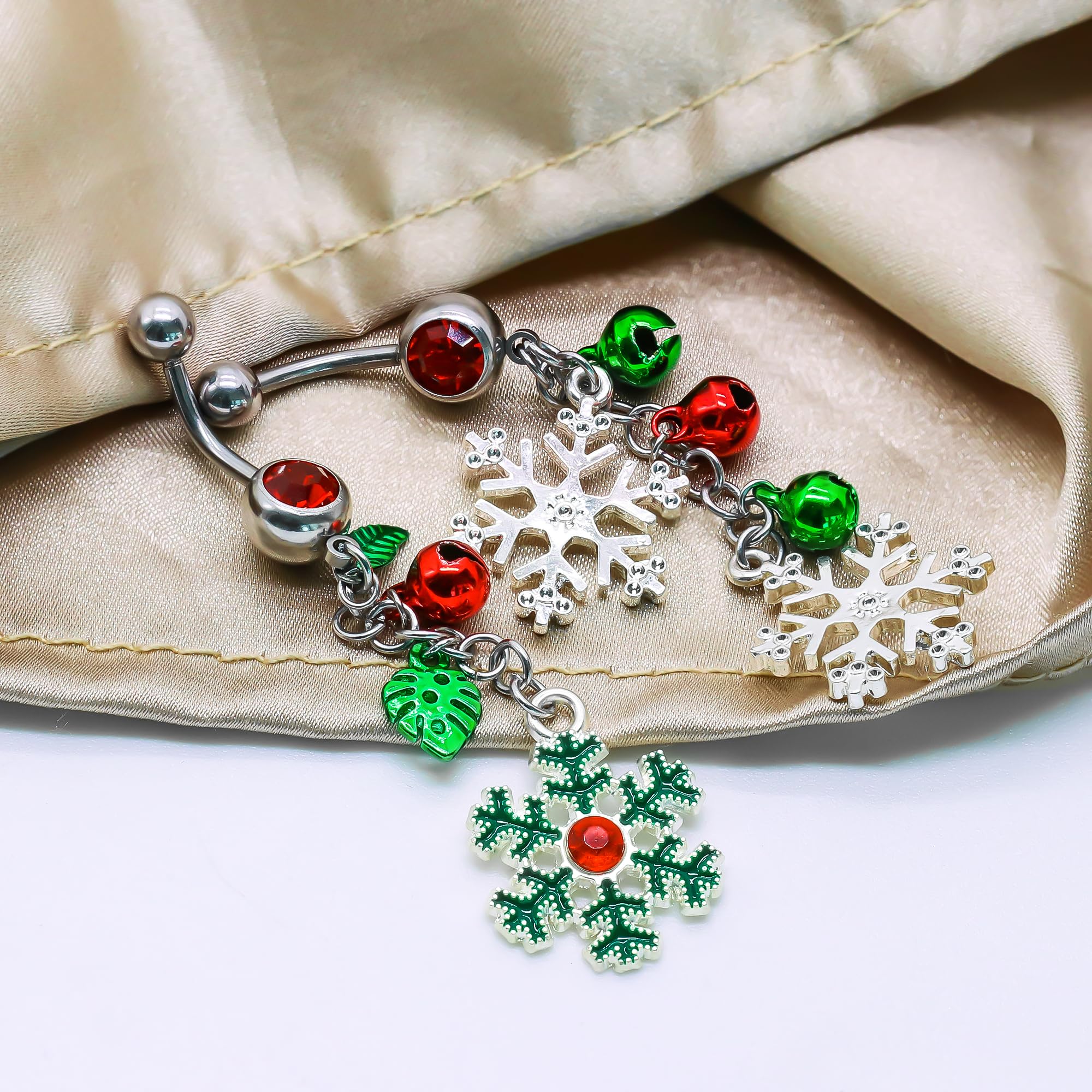 14G Christmas Mistletoe Dangle Belly Button Rings 316L Stainless Steel Navel Piercing Rings Jingling Bell Belly Piercing Jewelry for Women - QIAO Crystal我的商店QIAO Crystal