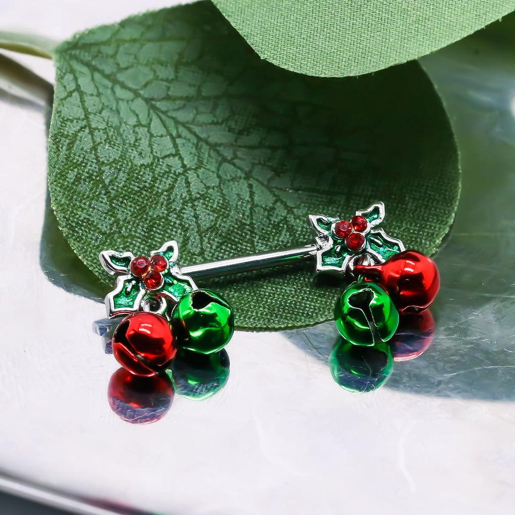 14G Christmas Nipple Barbell Jingling Bell Ring 316L Surgical Stainless Steel Women's Nipple Rings for Christmas Body Piercing Jewelry - QIAO Crystal我的商店QIAO Crystal