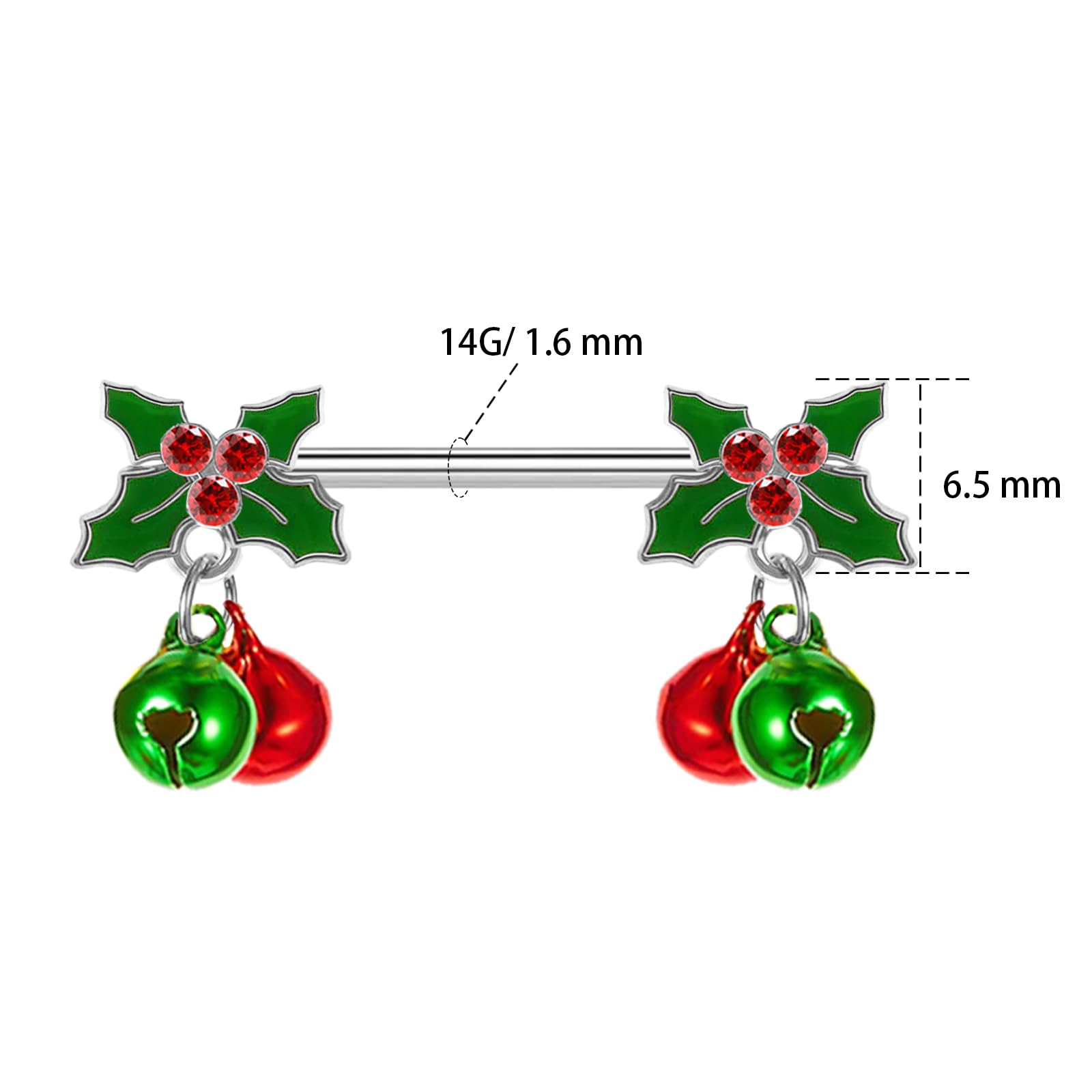14G Christmas Nipple Barbell Jingling Bell Ring 316L Surgical Stainless Steel Women's Nipple Rings for Christmas Body Piercing Jewelry - QIAO Crystal我的商店QIAO Crystal