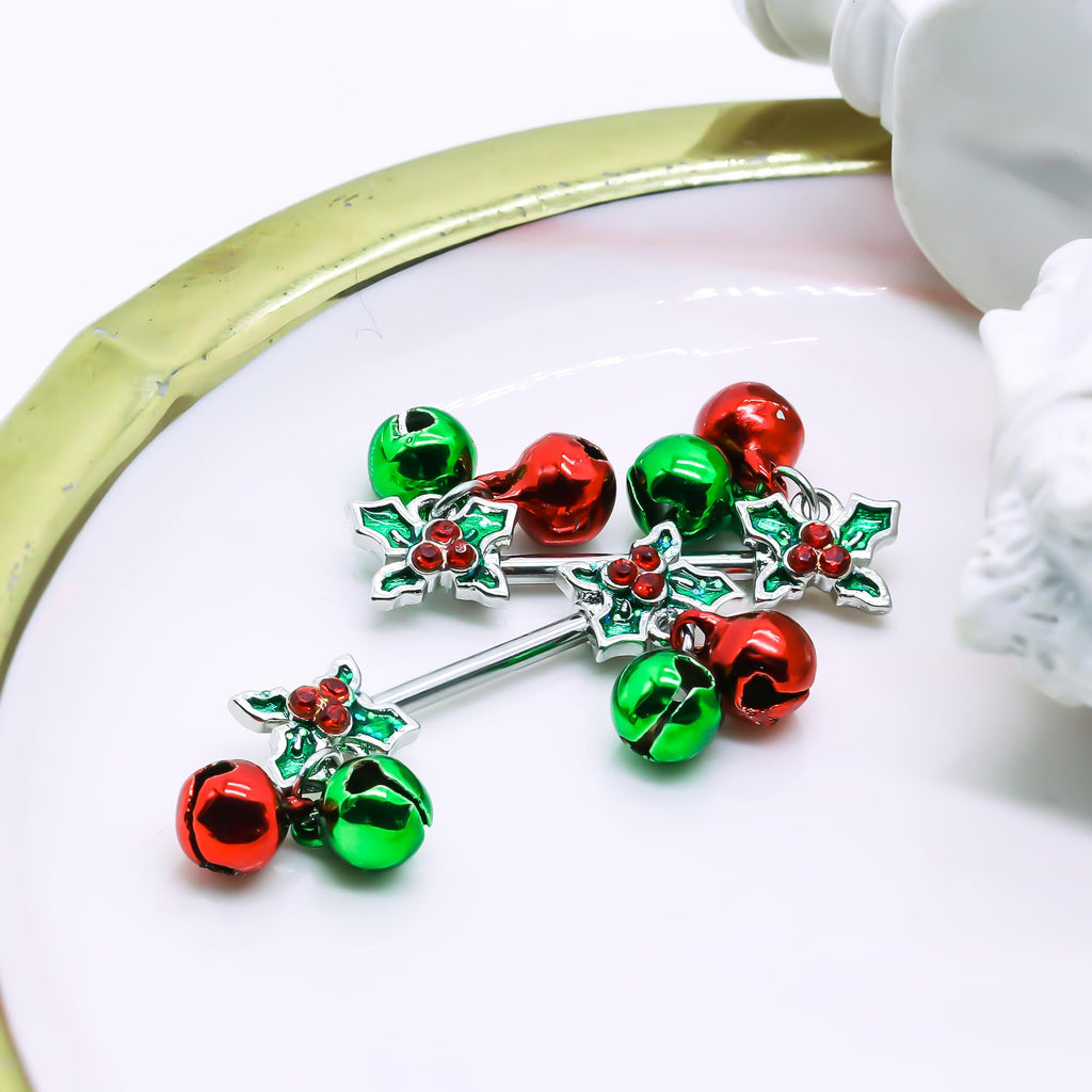 14G Christmas Nipple Barbell Jingling Bell Ring 316L Surgical Stainless Steel Women's Nipple Rings for Christmas Body Piercing Jewelry - QIAO Crystal我的商店QIAO Crystal